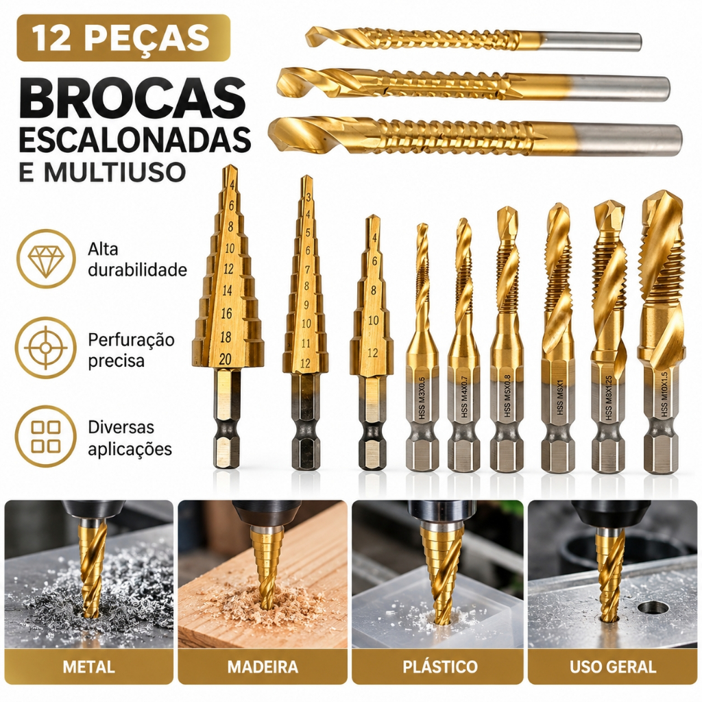 Kit 12 Brocas Titânio Escalonada Amarela Aço e Broca Corte Lateral Marcador Punção