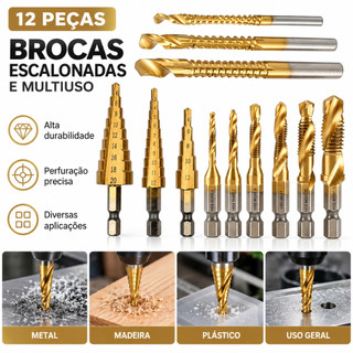 Kit 12 Brocas Titânio Escalonada Amarela Aço e Broca Corte Lateral Marcador Punção