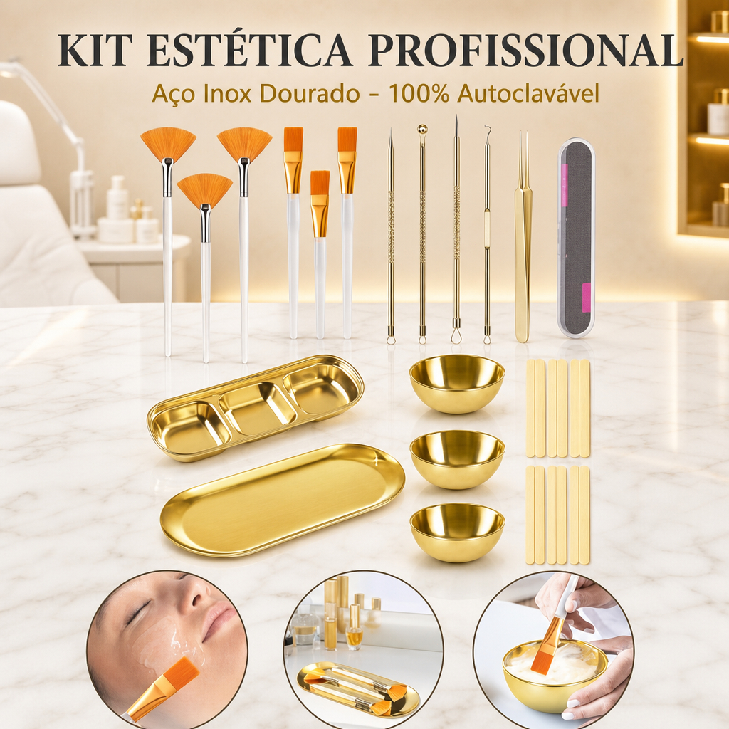 Kit 29 Peças para Esteticista 3 Tigelas Douradas Pincéis de Máscara Facial Uso Profissional