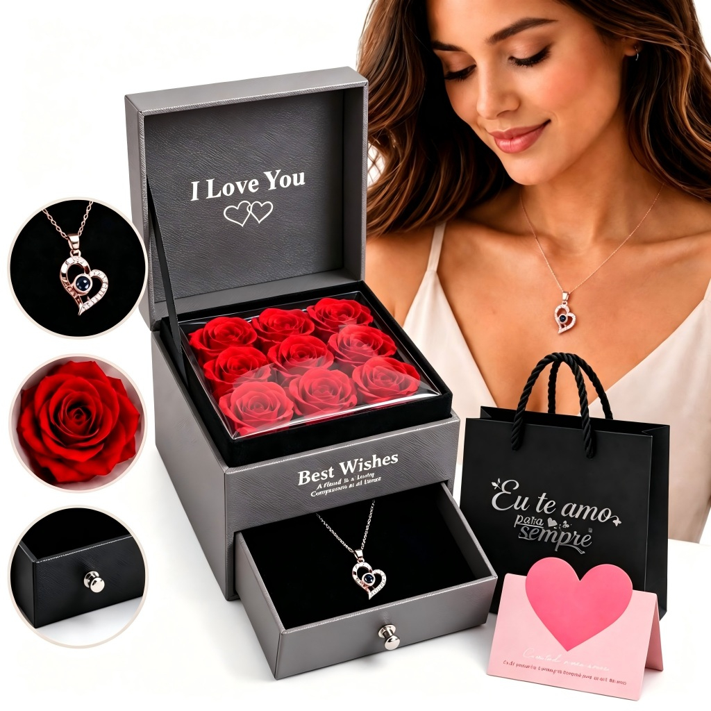 Colar feminino e caixa de presente de rosas para mãe e esposa Dia dos Namorados Dia das Mães