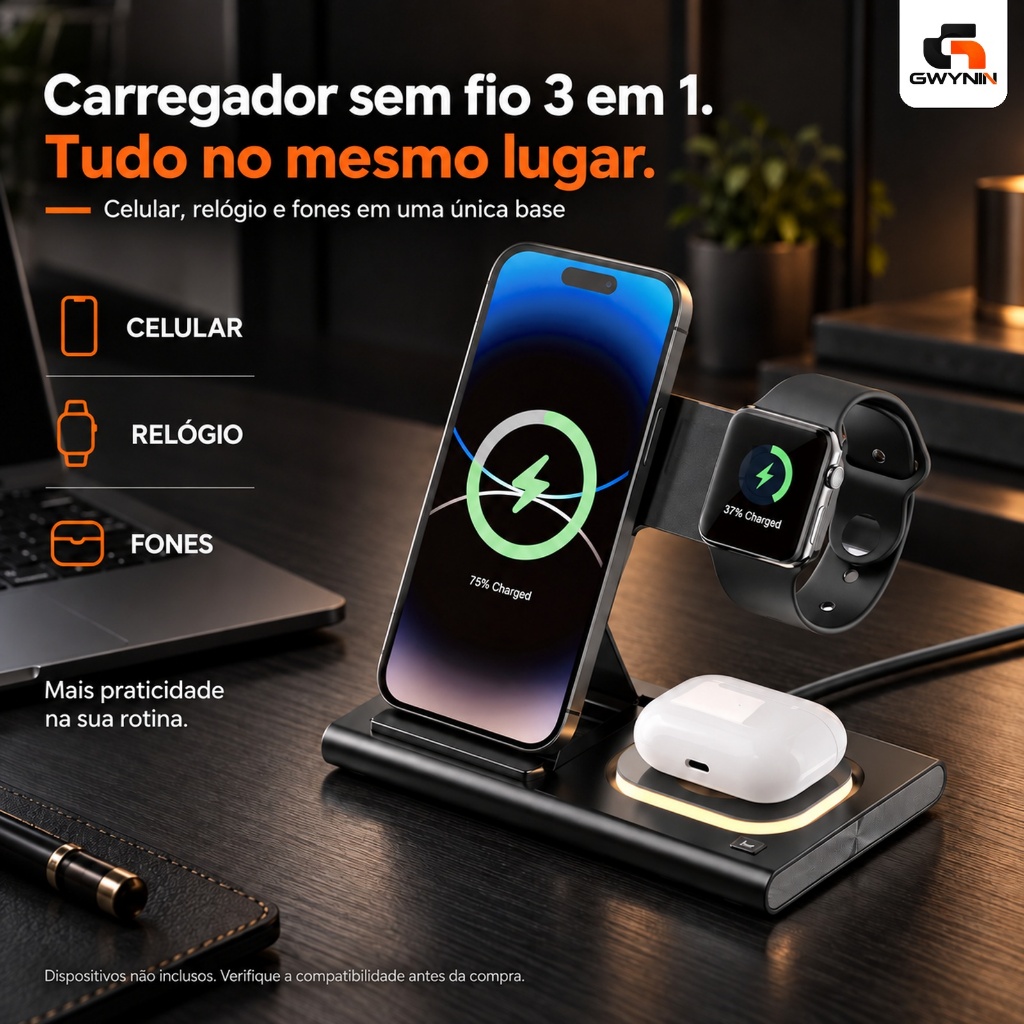 [Pronta Entrega]Carregador sem fio dobrável 3em1, compatível com celular, smartwatch e fone Bluetooth, com proteção