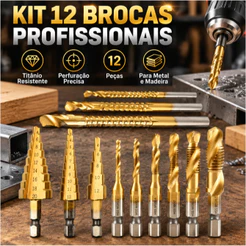 Kit 12 Furadeiras em Escada | Brocas Titânio 3/6/8mm + 3-20mm Cromo-Ferro + Rosqueadoras M3-M10 - Ferramenta Essencial