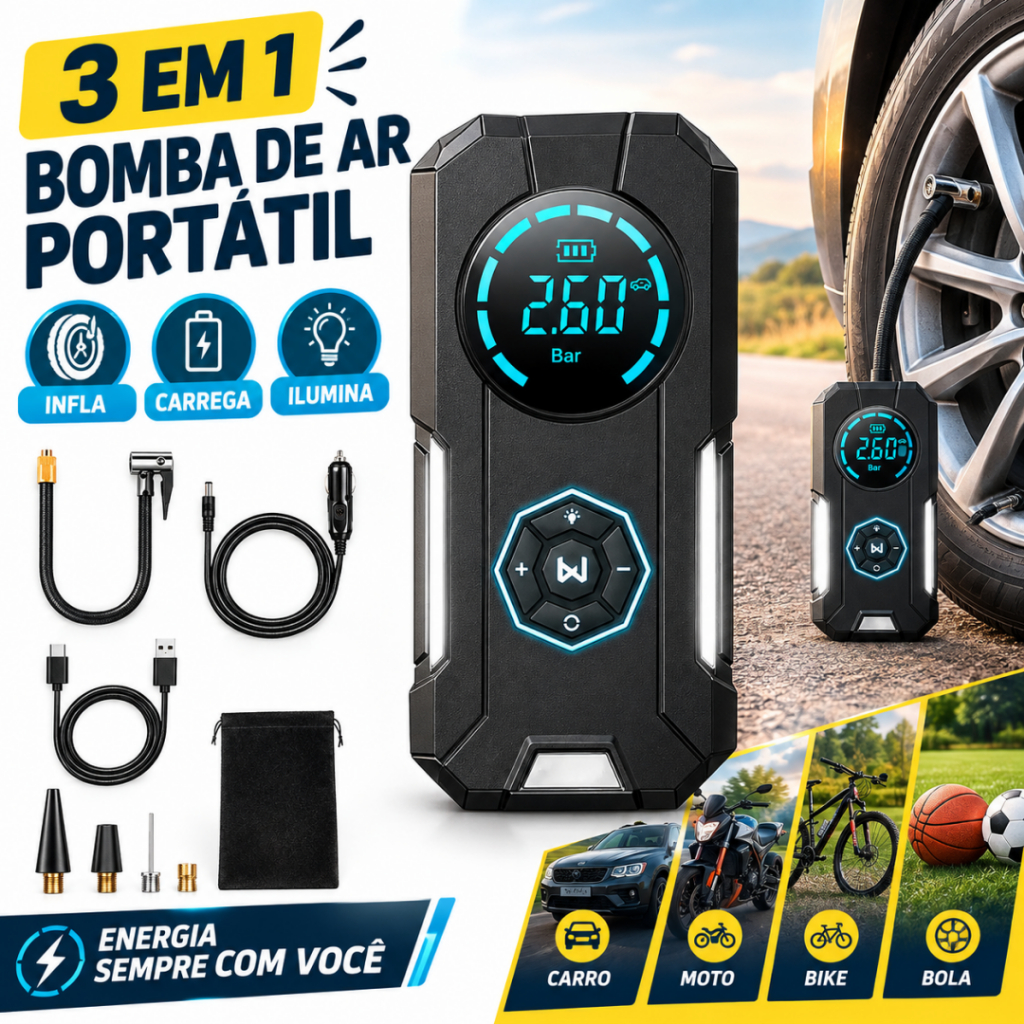 Bomba de Ar Portatil Compressor Inflator Multi-função 3 em 1