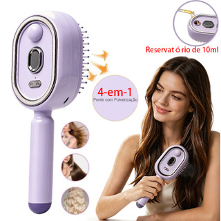 Escova Massageadora 4‑em‑1, Spray Óleo, Luz Vermelha, Limpeza Automática, Reservatório 10ml USB Recarregável para Cabelo