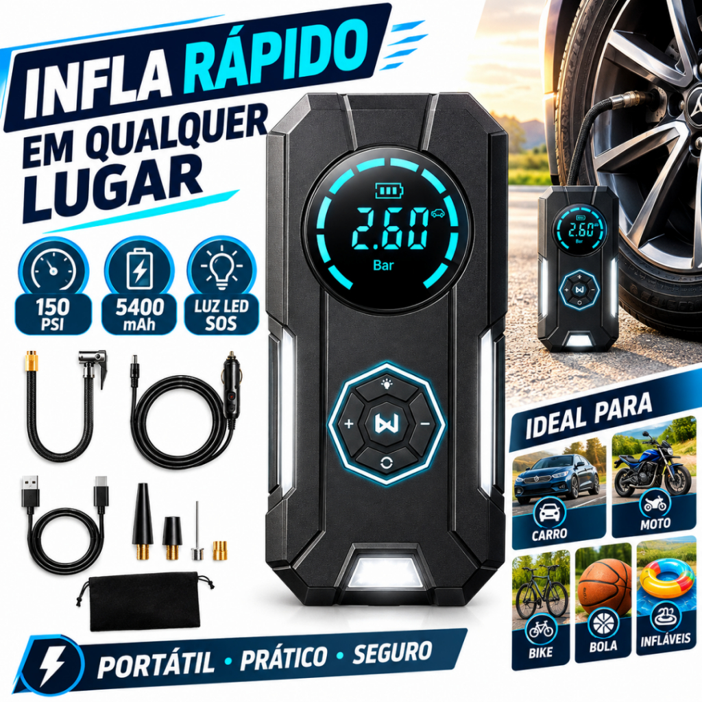 Compressor de Ar Portátil Digital USB Recarregável | Inflador de Pneu Elétrico para Carro Moto Bicicleta