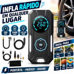 Compressor de Ar Portátil Digital USB Recarregável | Inflador de Pneu Elétrico para Carro Moto Bicicleta