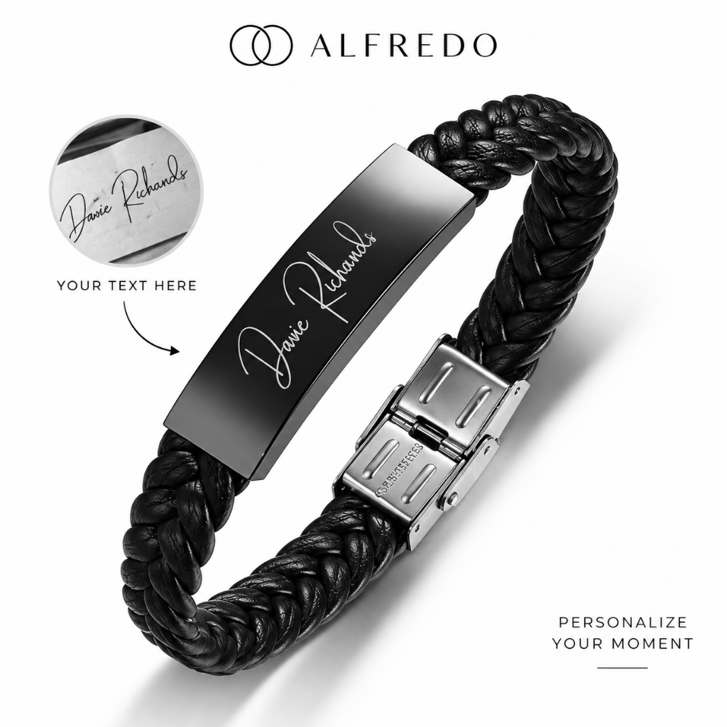 Pulseira Personalizada De Nome Fotográfico Para Homens Couro Preto Tecido À Mão De Aço Inoxidável