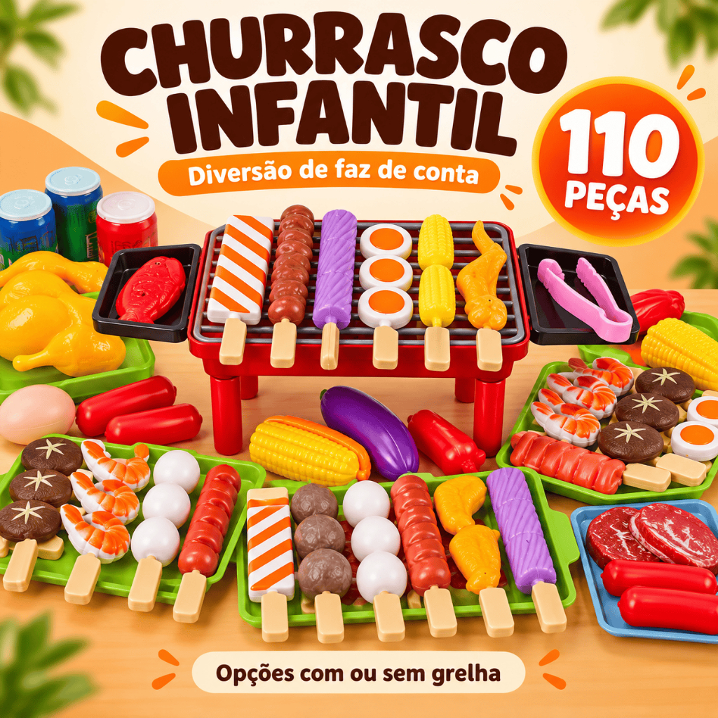 110 Peças Brinquedo Churrasco Infantil Cozinha de Simulação com ou sem Grelha Educativo Criativo Presente Natal Crianças