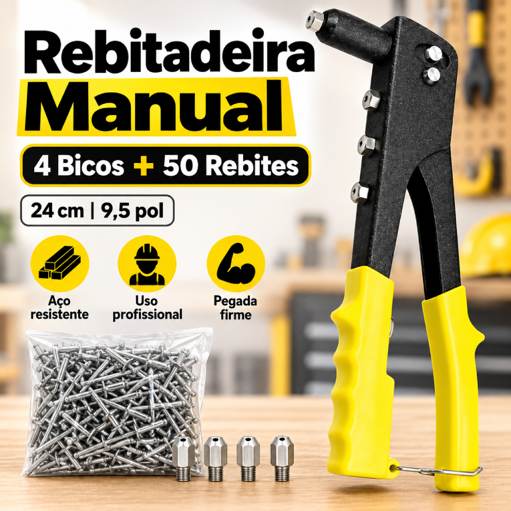 Rebitadeira Manual 9,5 pol 24cm Profissional Alicate Rebitador 4 Bicos + 50 Rebites