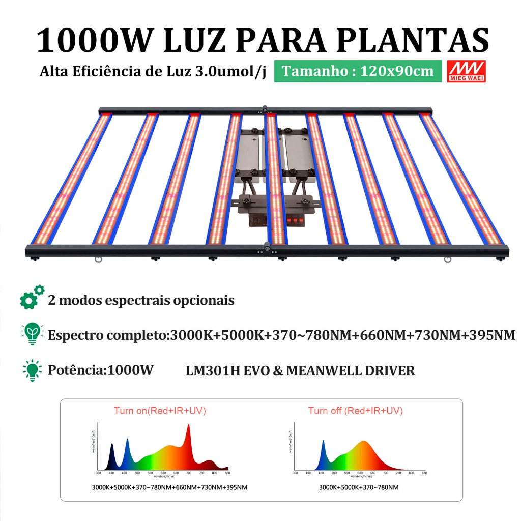 Lâmpada de Cultivo Espectro Completo 240W-1000W LED LM301H EVO Fonte Meanwell Temporizador Ajustável Para Planta