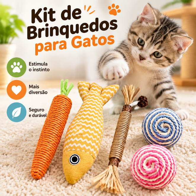 Kit 5 Brinquedos para Gatos - Sisal, Peixe e Cenoura para Entreter e Cuidar das Unhas
