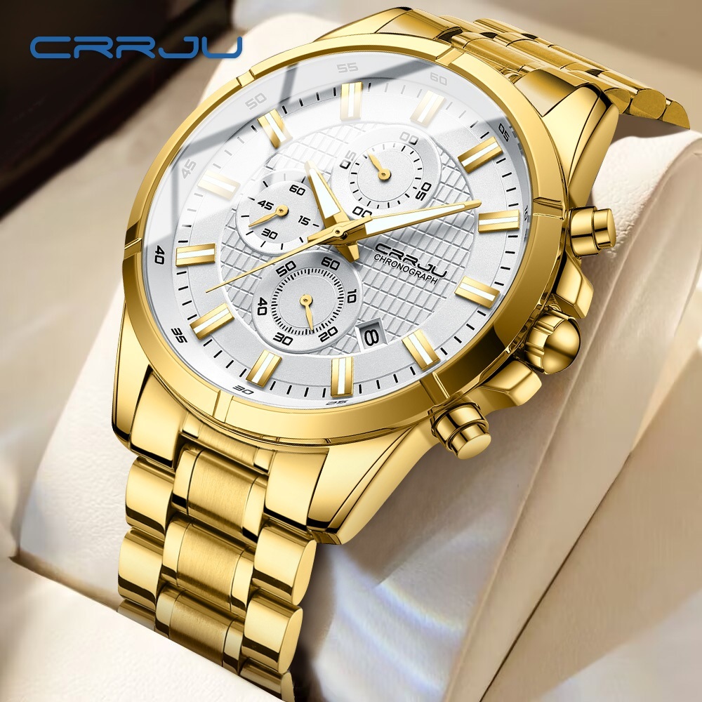 CRRJU Relógio Masculino Marca Original Autêntico Novo Cronógrafo Multifuncional Mãos Luminosas Aço Inoxidável Luxo 2308