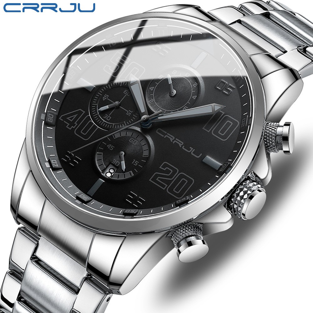 Marca Original CRRJU Relógios Masculinos Multifuncional Cronógrafo De Aço Inoxidável Moda Retro Estilo Único Quartzo À P