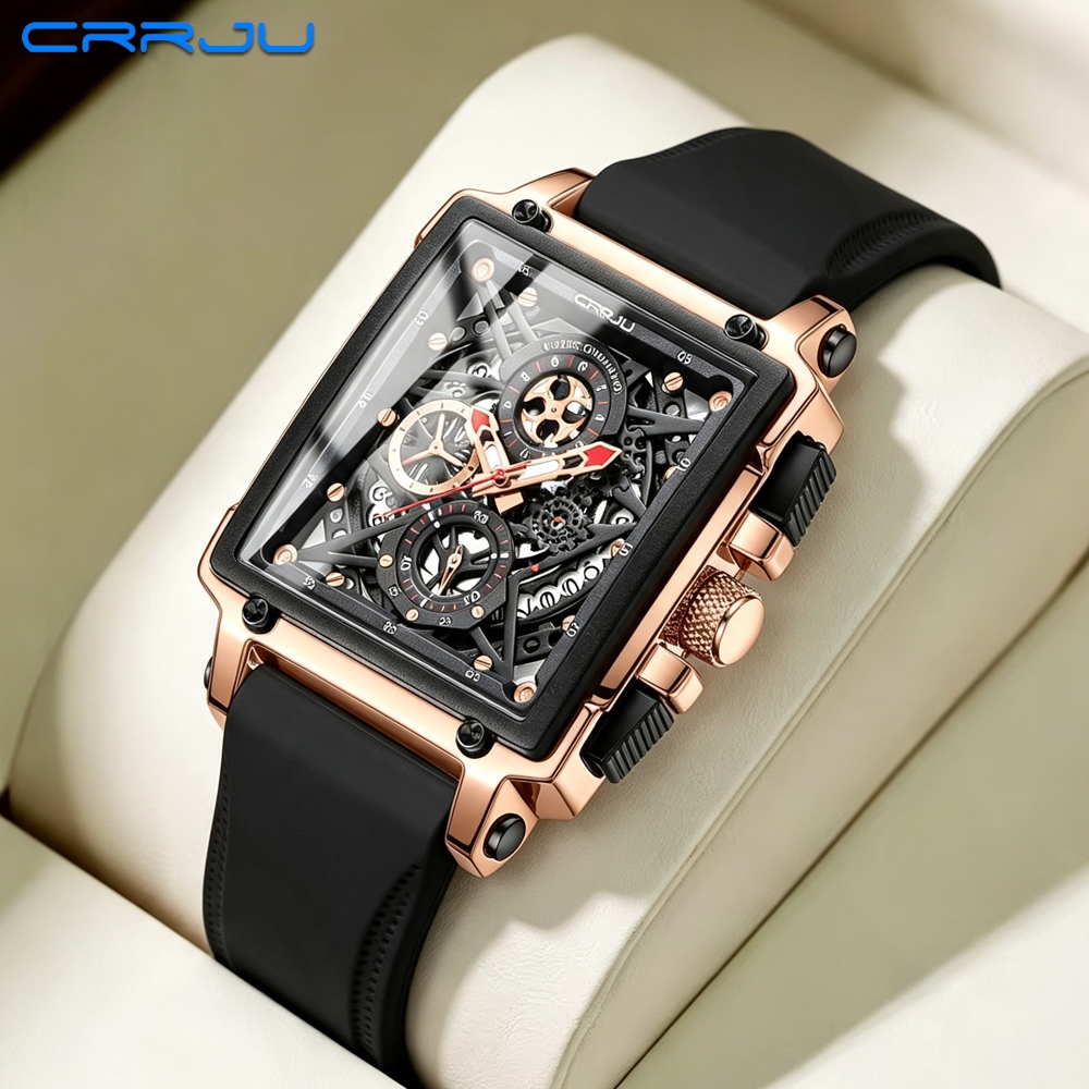 CRRJU Relógio Masculino Marca Original Cronógrafo Genuíno Ponteiros Luminosos Quadrados Moda Discagem 2312 X