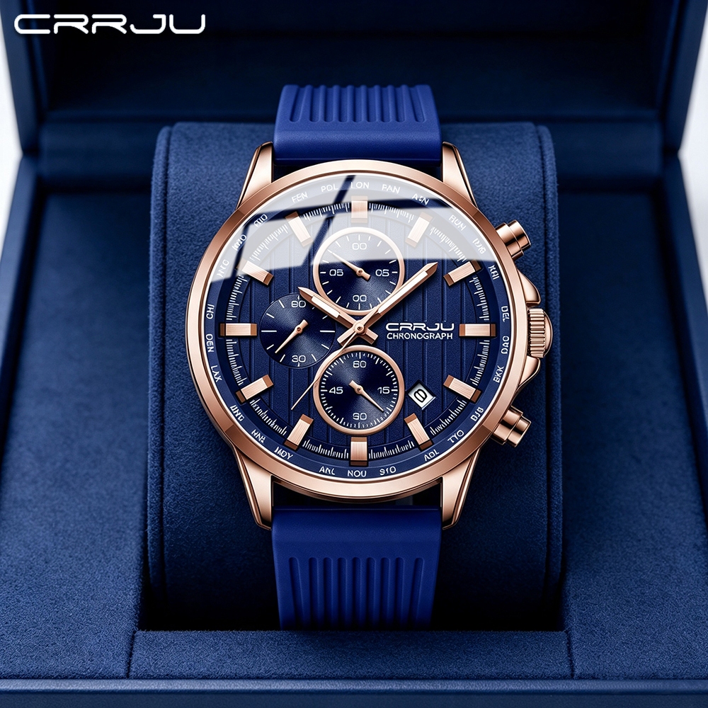 CRRJU Marca Original Relógios Masculinos Luminosos Multifuncionais Moda Casual Negócios Silicone Couro Quartzo À Prova D