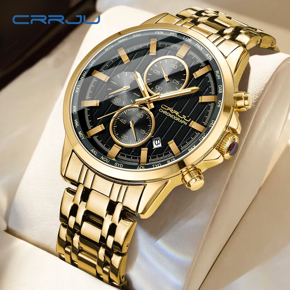 CRRJU Relógio Masculino Marca Original Cronógrafo De Luxo Aço Inoxidável Ouro Ponteiros Luminosos Casual 2315 XS