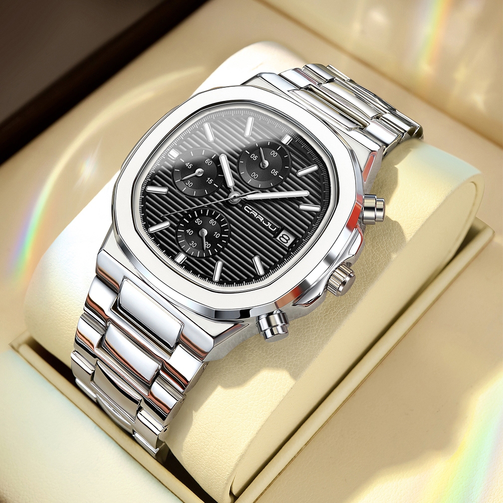 CRRJU Marca Original Relógios Masculinos Multifuncional Cronógrafo Calendário Luminoso Pulseira De Aço Inoxidável Moda N
