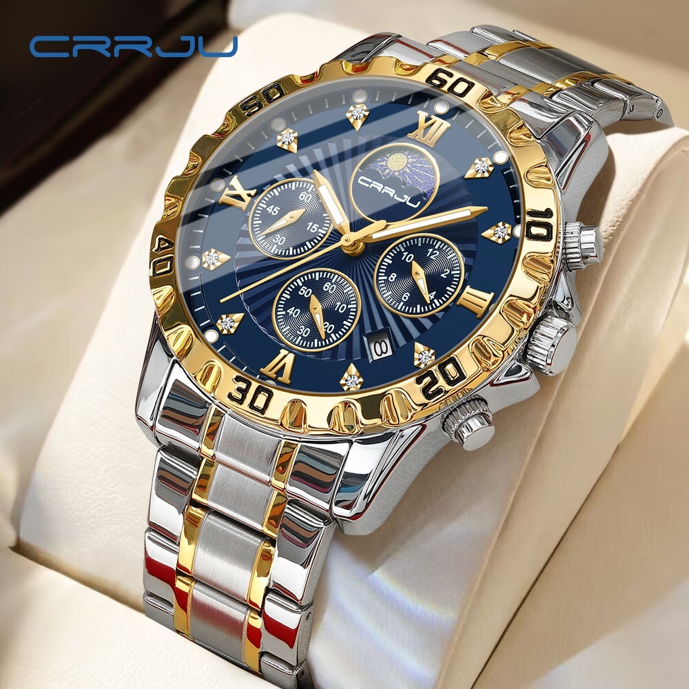 Relógio Masculino CRRJU Nova Marca Original Chrono Multifuncional De Aço Inoxidável Ponteiro Luminoso De Moda 2320 X