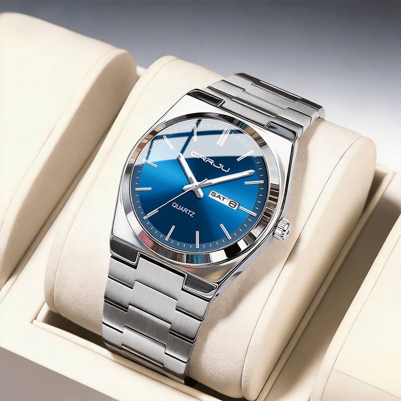 Novo Relógio Masculino CRRJU Moda Genuína Pulseira De Aço Inoxidável Minimalista Pequeno Mostrador Luminoso Mãos Data Ca