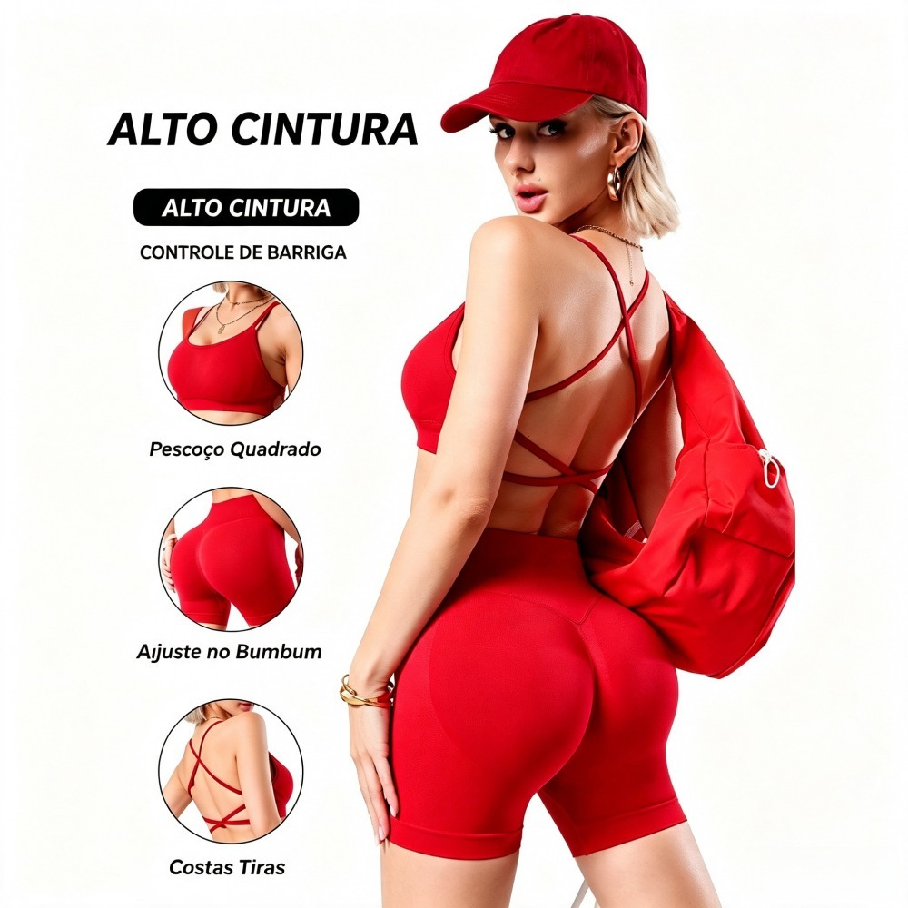 🔥Conjunto Fitness Feminino Top Cruzado Short Empina Bumbum Academia Verão