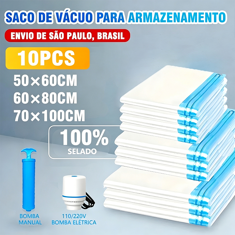 Kit Saco a Vácuo + Bomba Elétrica ou Bomba Manual 10 PCS Organização de Roupas Mala Viagem Guarda Roupas