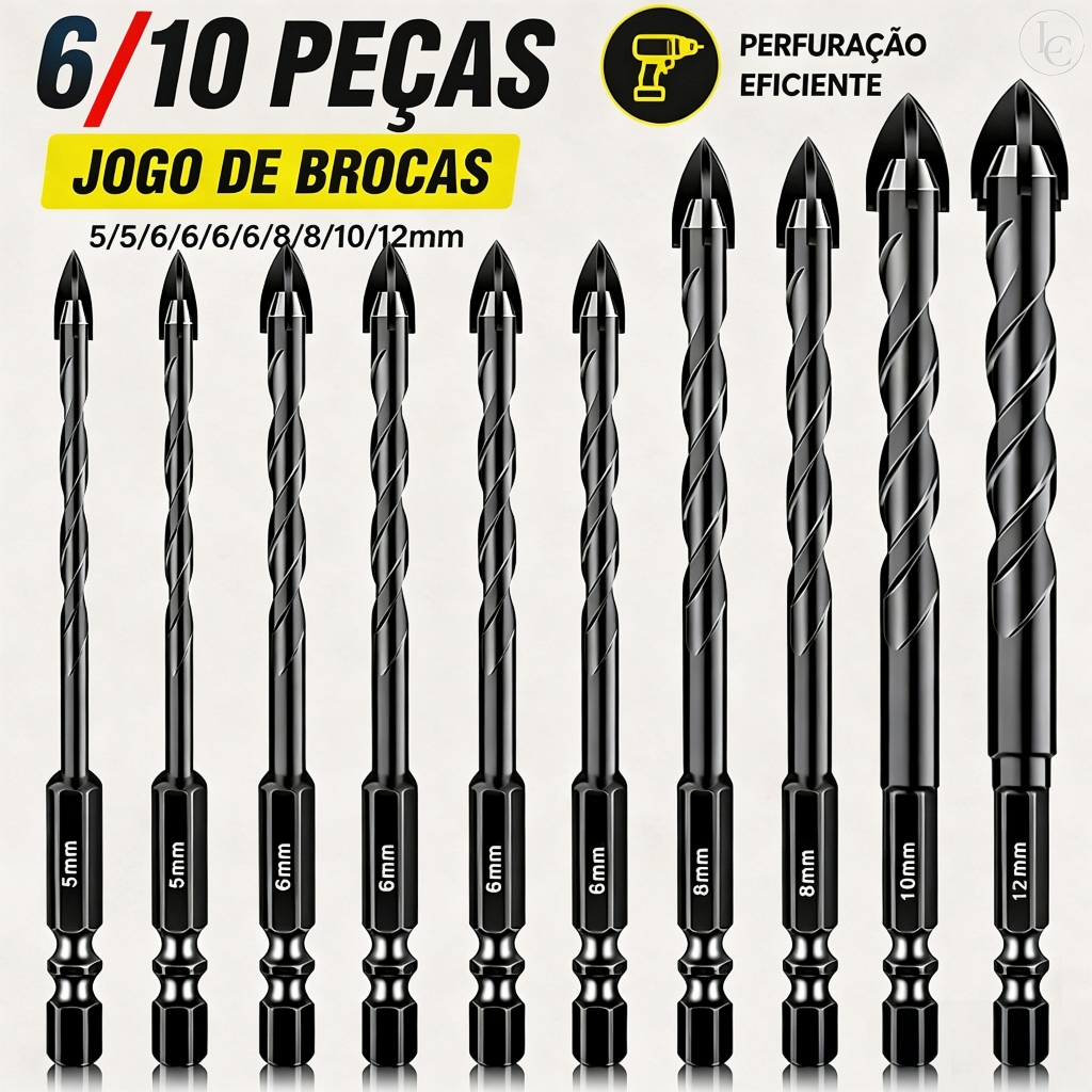 kit 6/10 brocas de carboneto triangular titânio profissionais 5-12mm para fura tudo