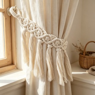 Tiebacks De Cortina De Macramê De Algodão Tecido À Mão , Suportes Boho Com Borlas , Decoração De Janela Minimalista Mode