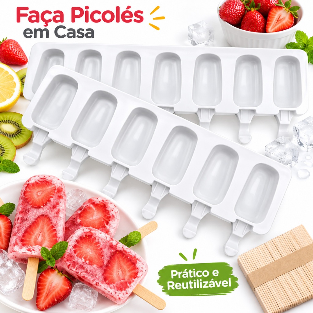 8 Part Forma de Sorvete Molde de Picolé Sorvete de Silicone Flexível + 50 Palitos