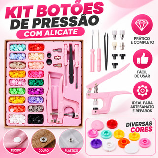 Kit Alicate 3 Em 1 Pregar Botão Pressão Rosa Botões Plástico e Metal Ilhós