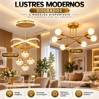 Lustre Moderno Dourado Pendente LED ou 6 Luzes para Sala Quarto e Jantar