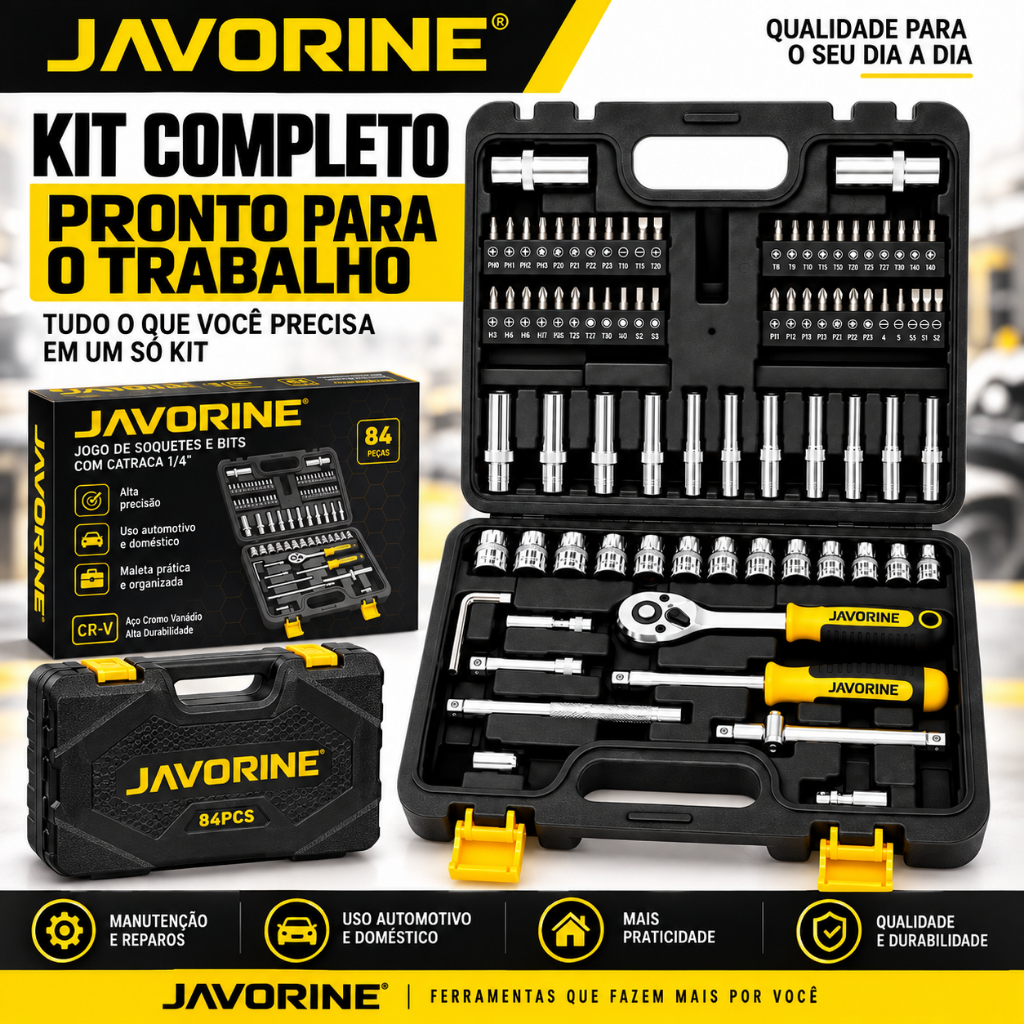 JAVORINE Kit De Ferramentas Profissionais 84 Pçs Maleta Chave de catraca Soquetes Longos Carro