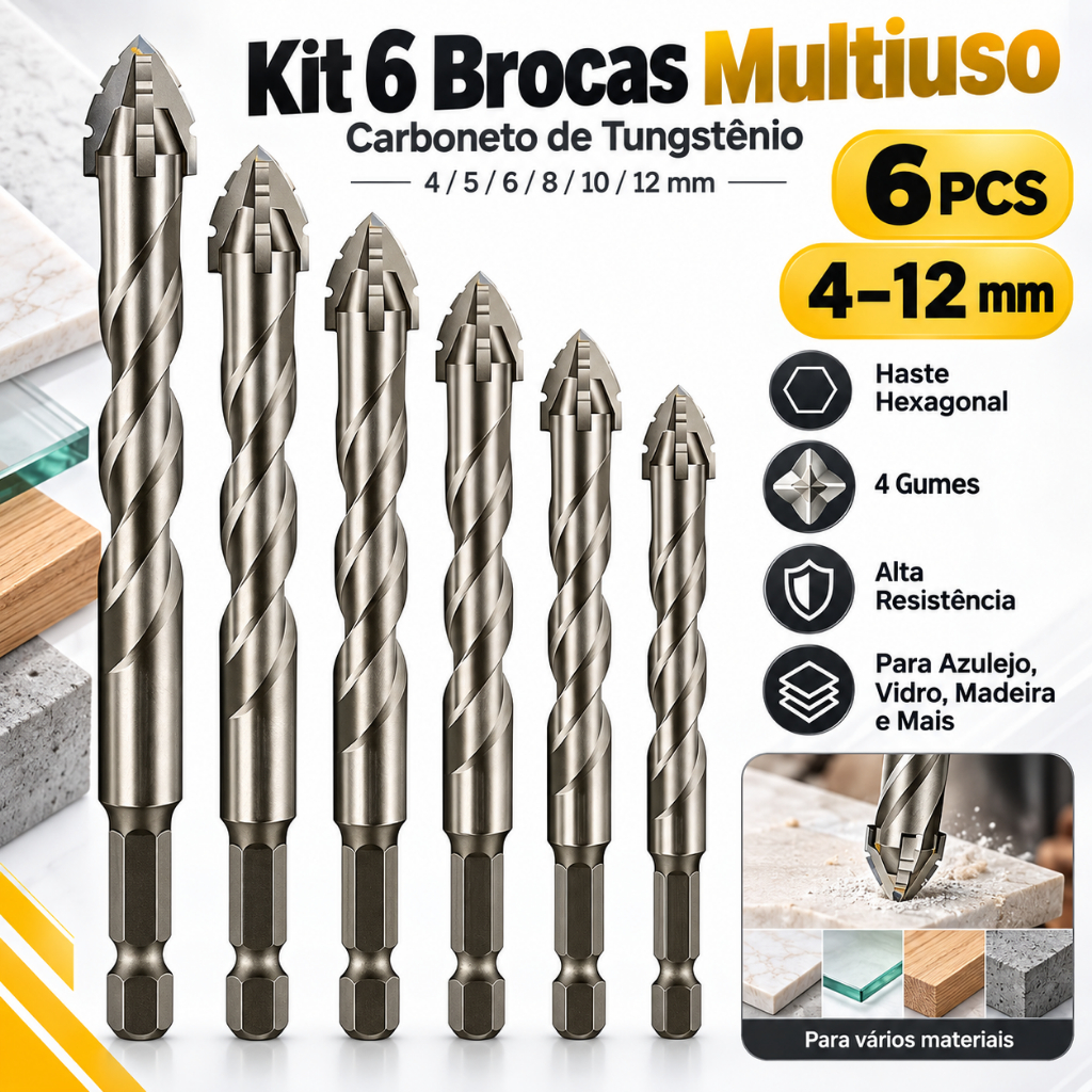 Kit 6 Brocas De Carboneto Tungstênio Excêntrica 4-12mm , Carboneto de Tungstênio para Madeira, Metal e Cerâmica