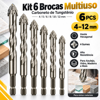 Kit 6 Brocas De Carboneto Tungstênio Excêntrica 4-12mm , Carboneto de Tungstênio para Madeira, Metal e Cerâmica