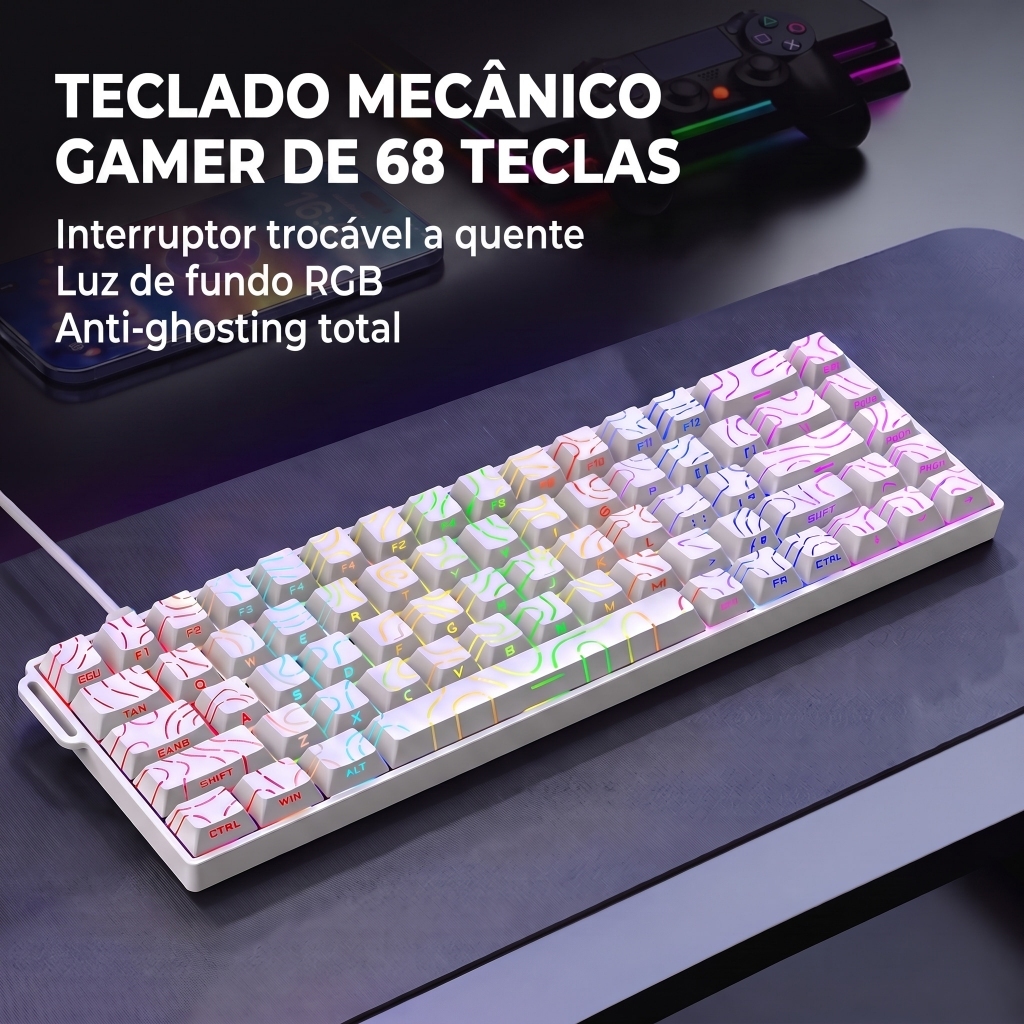 Teclado Mecânico Para Jogos De 68 Teclas , Impressas Na Lateral Do Contorno , Retroiluminação RGB ,Compacto Hot-Swappab