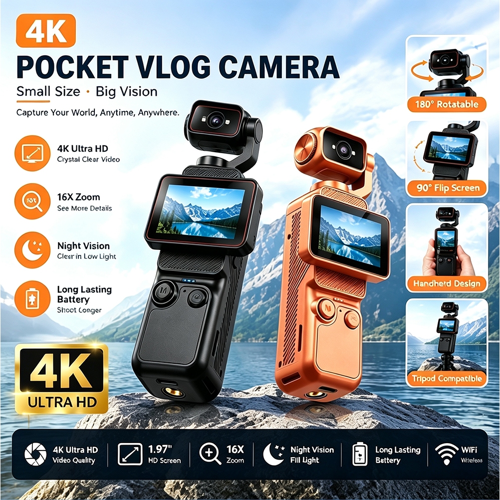 Câmera De Ação Vlog De Bolso 4K 180 ° Lente Giratória 1.97 " Flip Screen Night Vision WiFi Filmadora Portátil Para Grava