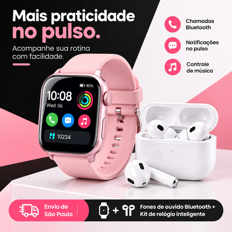 Envio de SP❤️Relógio Inteligente Série Rosa – Tela de toque Smartwatch Oferta Especial, chamada Bluetooth, Android e iOS