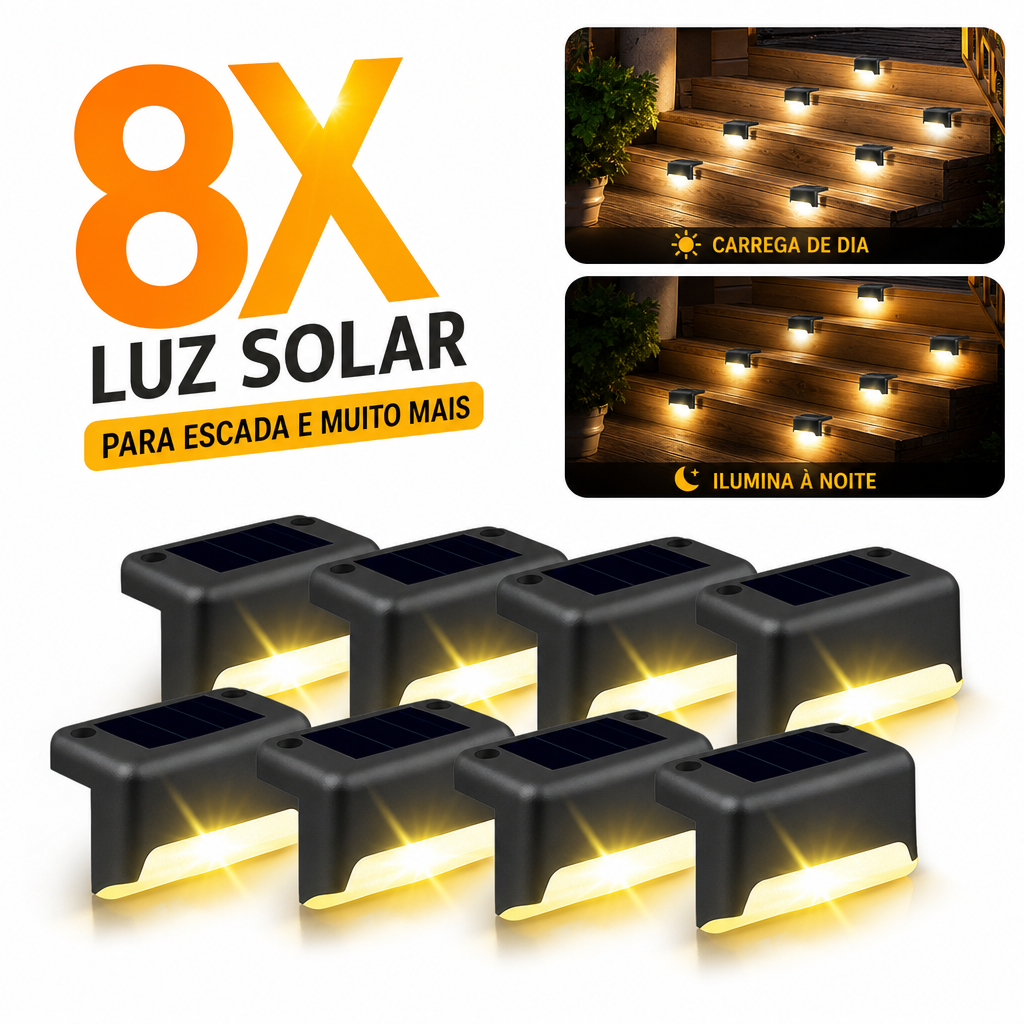 Kit 4/8 Luminária Solar LED Para Escada Parede Jardim IP65 Luz Automática Externa