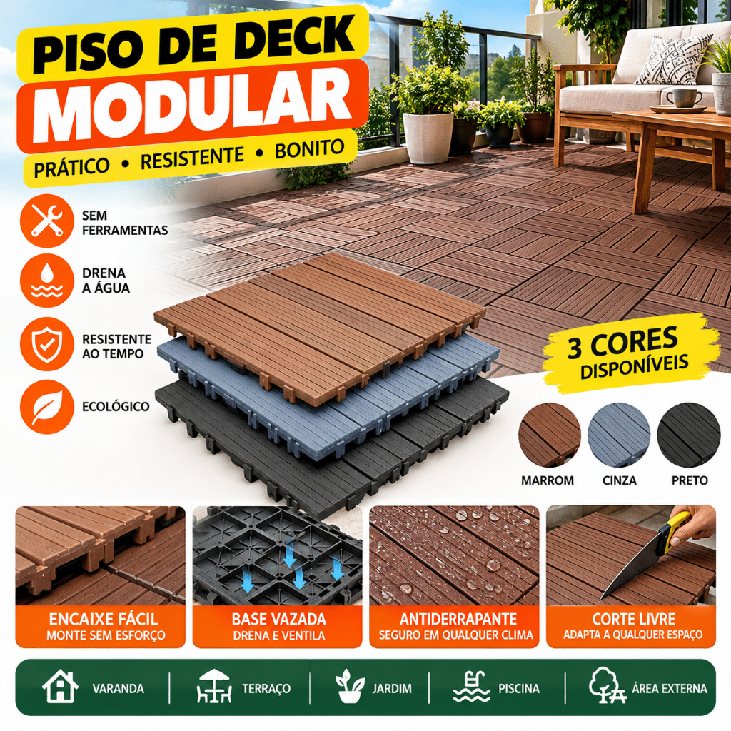 Piso Deck Modular WPC Encaixe Intertravável Resistente Água e Mofo para Varanda Quintal Pátio