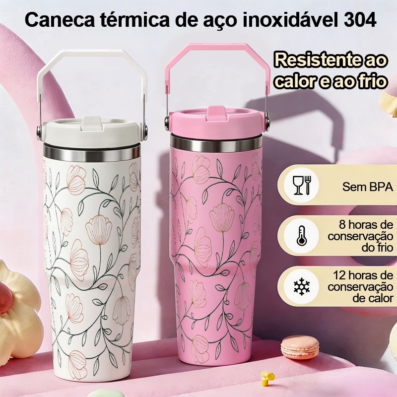 Copo Floral De Água De Grande Capacidade 900ml Garrafa Térmica De Aço Inoxidável Com Alça