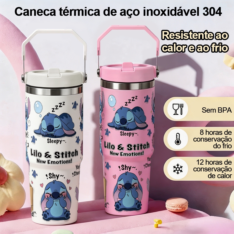 Stitch Cartoon Print Tumbler Grande Capacidade 900ml Copo De Água Garrafa Térmica De Aço Inoxidável Com Alça