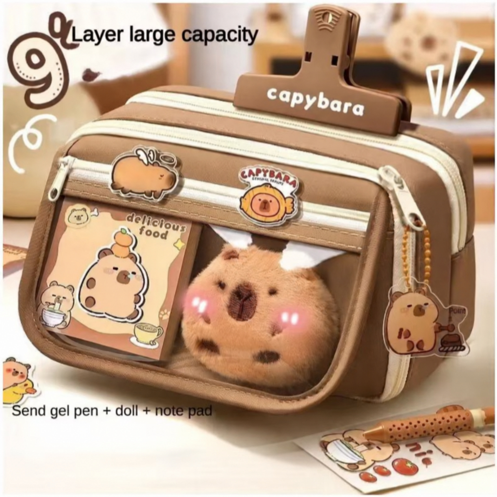 Estojo Transparente de Grande Capacidade com Estampa de Capivara, Zíper à Prova d'Água e Bolsa de Armazenamento