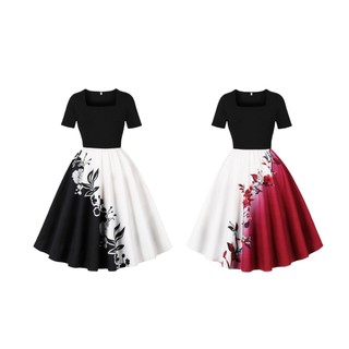 Retro elegante pescoço quadrado vestido de comprimento médio manga curta flor impressão vestido feminino desempenho vest