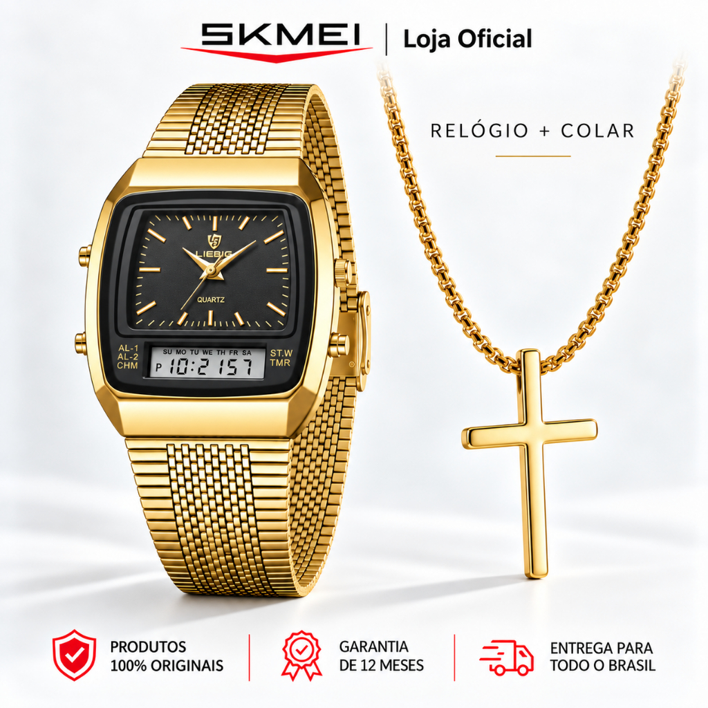 SKMEI Relógio Masculino Vintage Quadrado Analógico Digital Dourado Aço Inoxidável Quartzo Retrô