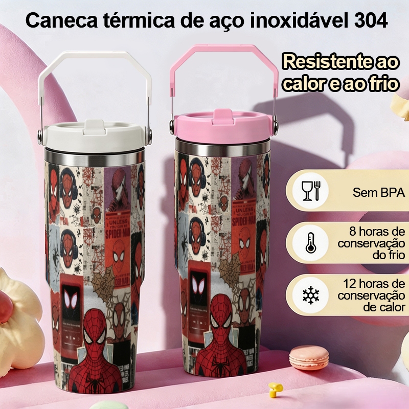 Copo Térmico Homem-Aranha, Grande Capacidade 900ml, Copo de Água Inoxidável com Alça