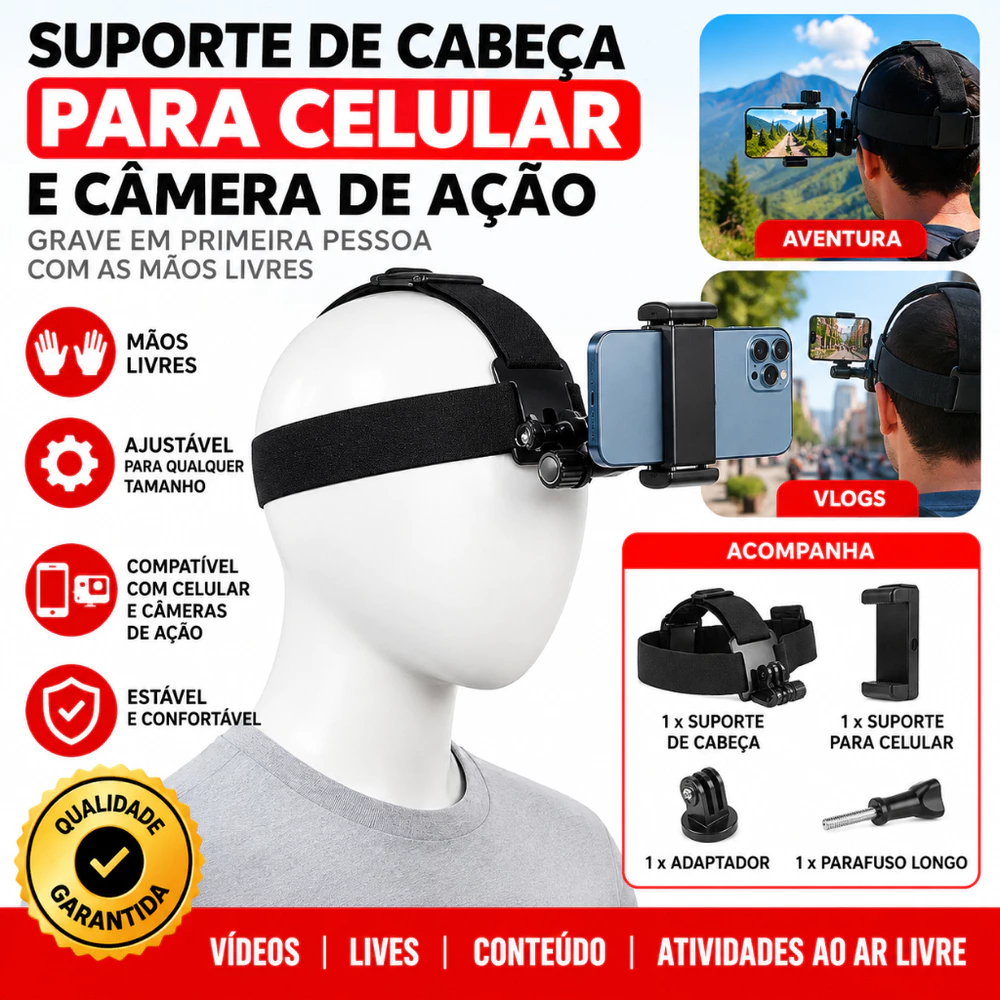 Arvello Suporte De Celular De Cabeça Ajustável Para Gravação Em Primeira Pessoa E Câmera De Ação