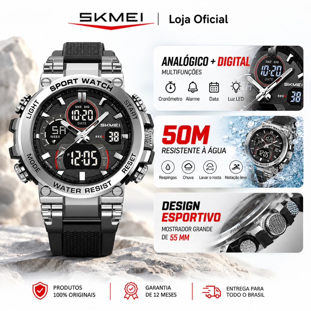 SKMEI 2500 Relógio Masculino Analógico Digital Esportivo Grande Dupla Tela Luz LED 5ATM Três Fusos Multifunção