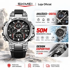 SKMEI 2500 Relógio Masculino Analógico Digital Esportivo Grande Dupla Tela Luz LED 5ATM Três Fusos Multifunção