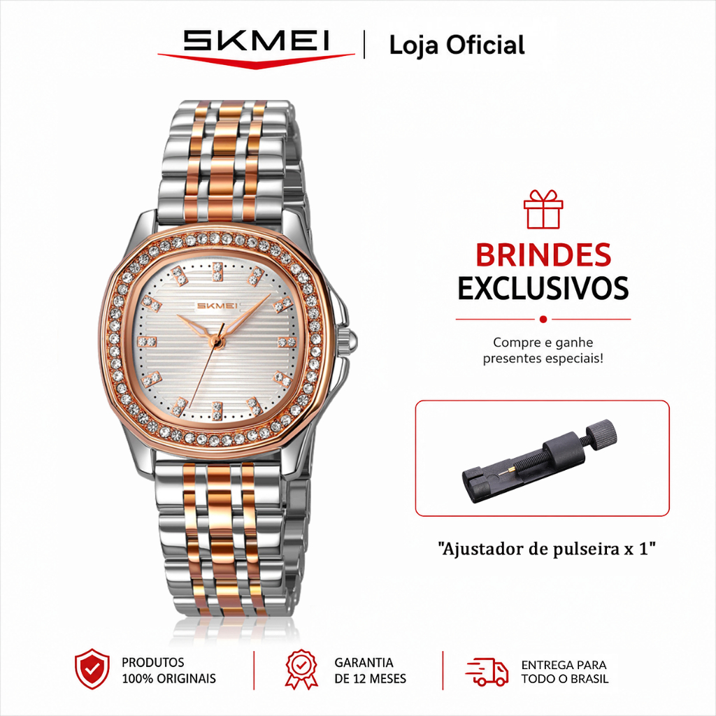 SKMEI 9439 Relógio Feminino Analógico de Quartzo Pulseira de Aço Moldura Cravejada Elegante para Presente