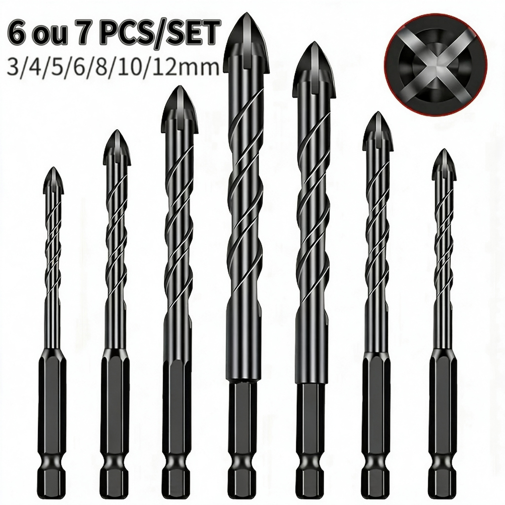 Kit 6/7 Brocas de carboneto Triangular Titânio Profissionais 3-12mm Para Fura Tudo