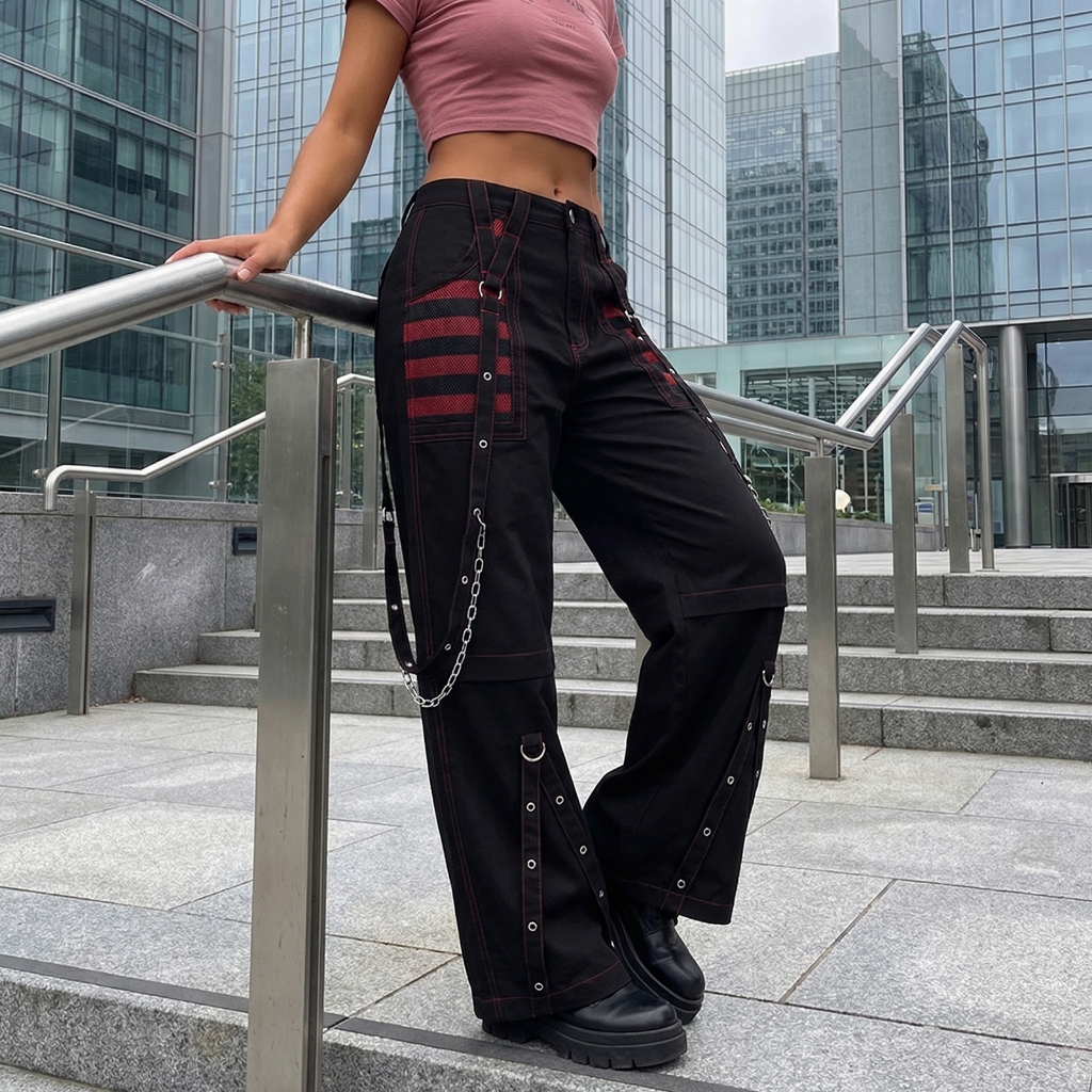 Calças Compridas Femininas Da Moda Em Qualquer Lugar , Soltas , Alça Hip-hop , Abotoada , Cintura Alta , Listradas Para